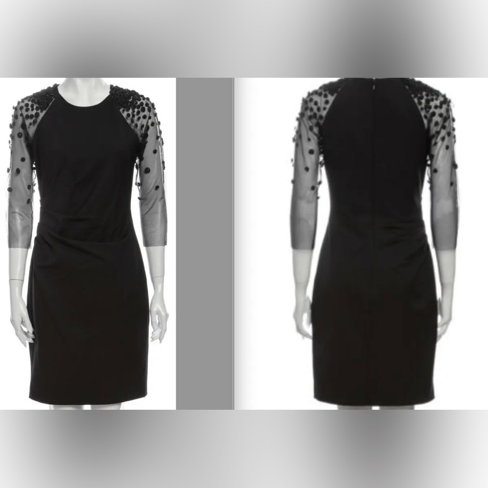 HOT Lela Rose Embellished Beaded Mesh Sleeve Ruched Sheath Black Dress $1695+! - Picture 10 of 12